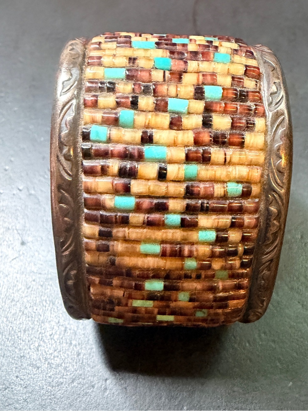 Native American Navajo Sterling Silver Penshell & Turquoise Heshi Cuff Bracelet - Picture 6 of 16